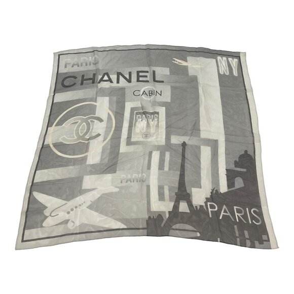 CHANEL Accessories - RARE Chanel NY NYC Travel Gray Paris Silk Square Scarf 26" New York City READ